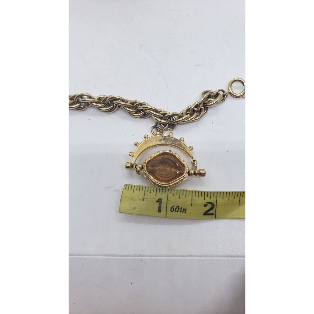 Vintage German Gold Chain Bracelet & Spinning Cameo Amber Glass Intaglio - Picture 7 of 10